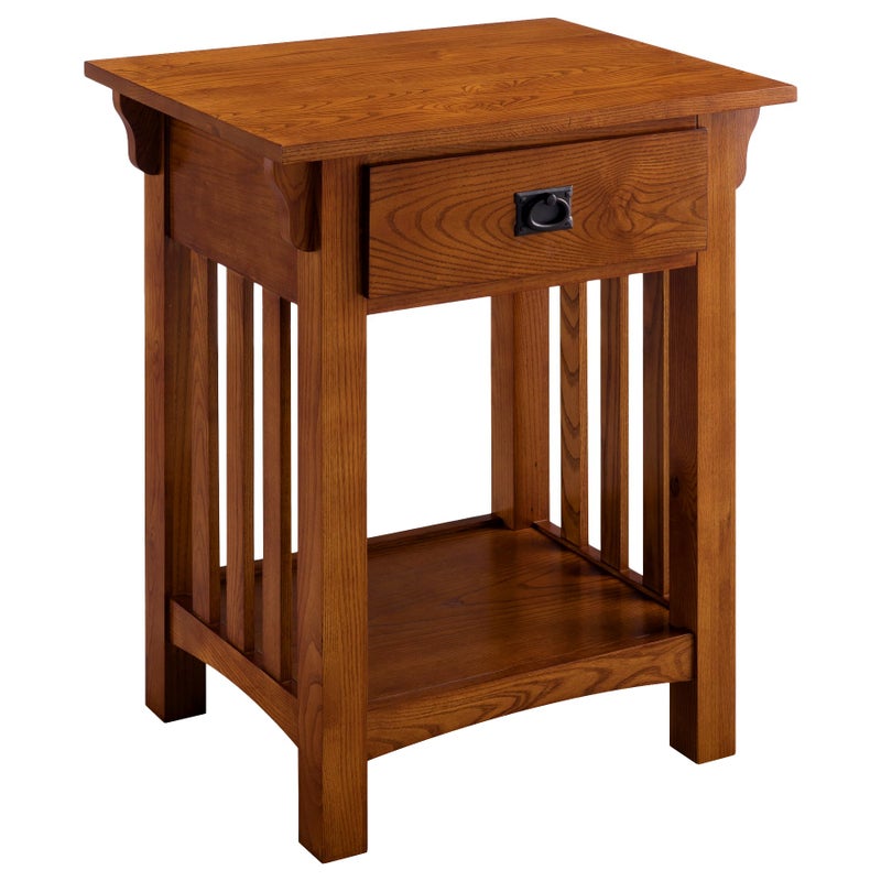 Leick Home 8222 Mission Impeccable End Table with Drawer Made with Solid Wood Side Table for Living Room Bedroom Medium Oak Finish Nightstand Table