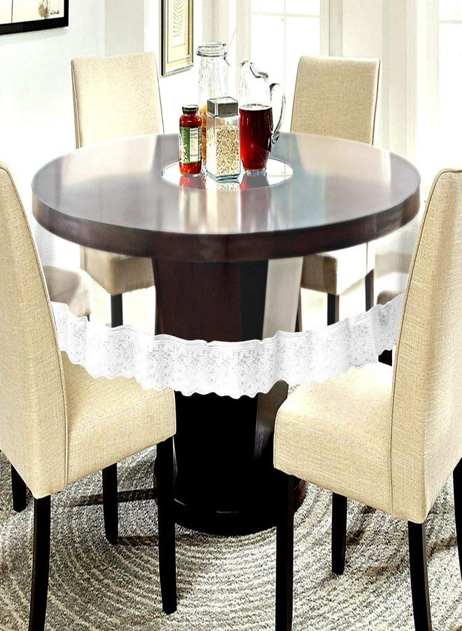 MONKDECOR PVC Transparent 6 Seater Round Dining Table Cover with Silver Lace (Size-72 Inch Round) - Image 1