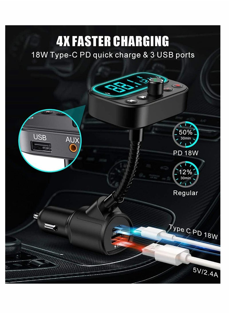 KASTWAVE Bluetooth 5.0 FM Transmitter for Car, USB C PD Bluetooth Car Adapter with Dual Mic 2.0" LCD Display 3 USB Ports 9 Color LED Backlit, Wireless Car Kit  - Image 3