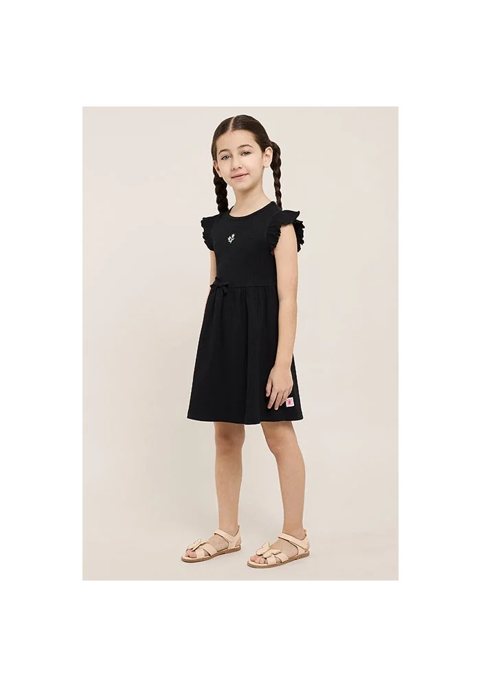 R&b Ribbed Flared Dress with Crew Neck and Flutter Sleeves