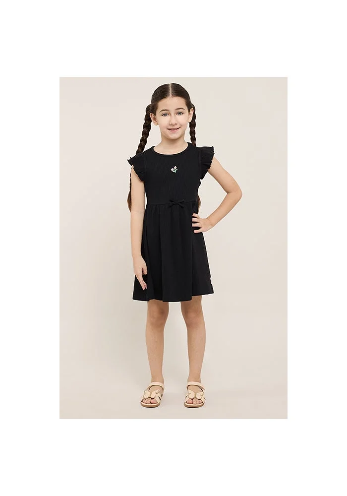 R&b Ribbed Flared Dress with Crew Neck and Flutter Sleeves