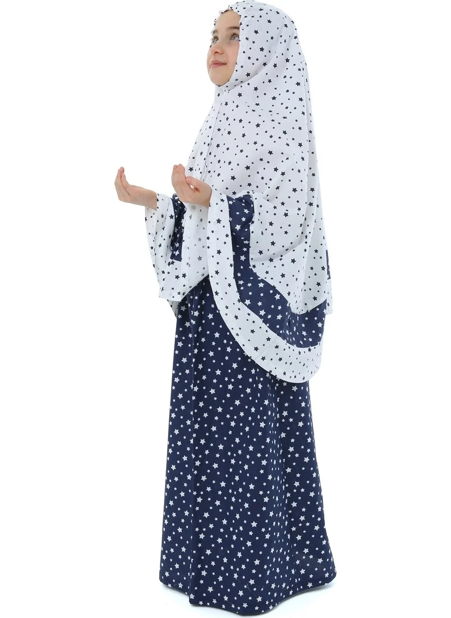 إلانيسا  Girl Child's Prayer Dress Larci Blue Star Printed Belt Pattern