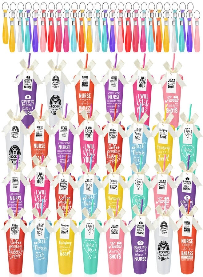 SiliFine 30 Sets Nurse Appreciation Gift Nurse Week Gift Bulk 24 oz Plastic Nurse Tumbler with Lid and Straw Reusable Nurse Cup with Silicone Keychain Bowknot Card Funny Nurse's Day Gifts (Simple) - Image 1