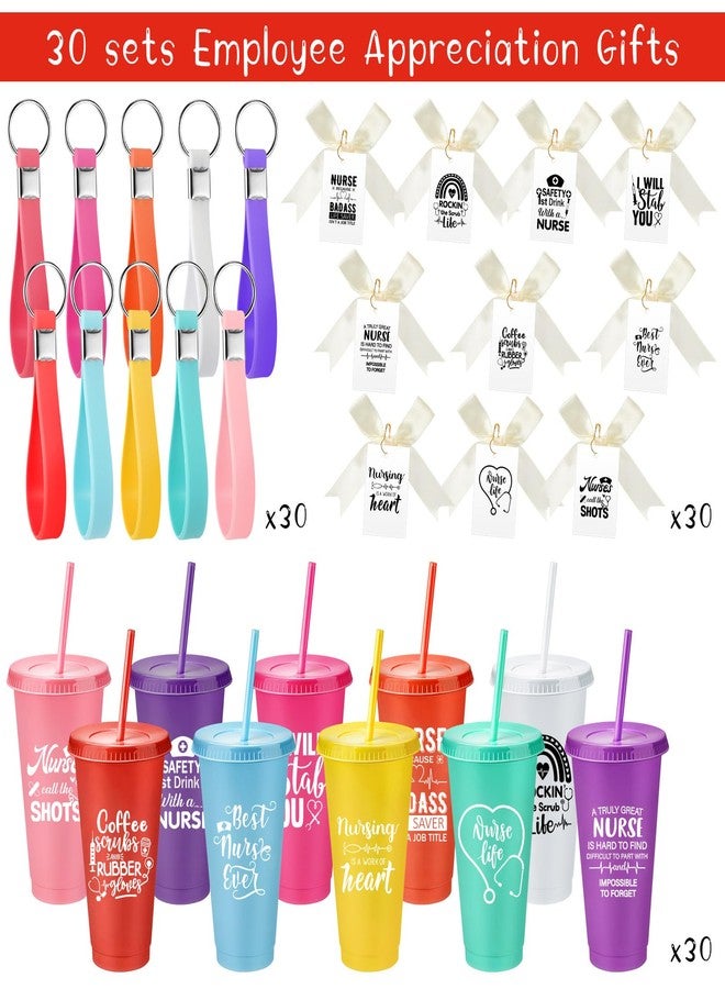 SiliFine 30 Sets Nurse Appreciation Gift Nurse Week Gift Bulk 24 oz Plastic Nurse Tumbler with Lid and Straw Reusable Nurse Cup with Silicone Keychain Bowknot Card Funny Nurse's Day Gifts (Simple) - Image 3
