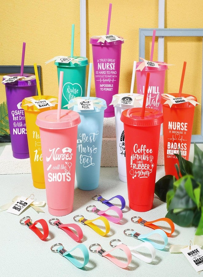 SiliFine 30 Sets Nurse Appreciation Gift Nurse Week Gift Bulk 24 oz Plastic Nurse Tumbler with Lid and Straw Reusable Nurse Cup with Silicone Keychain Bowknot Card Funny Nurse's Day Gifts (Simple) - Image 4