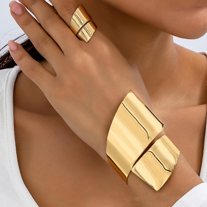 Decixde Bangle Ring Set Chunky Gold Bangle Bracelet And Ring Statement Jewelry Set for Women (Gold-A) - Image 3