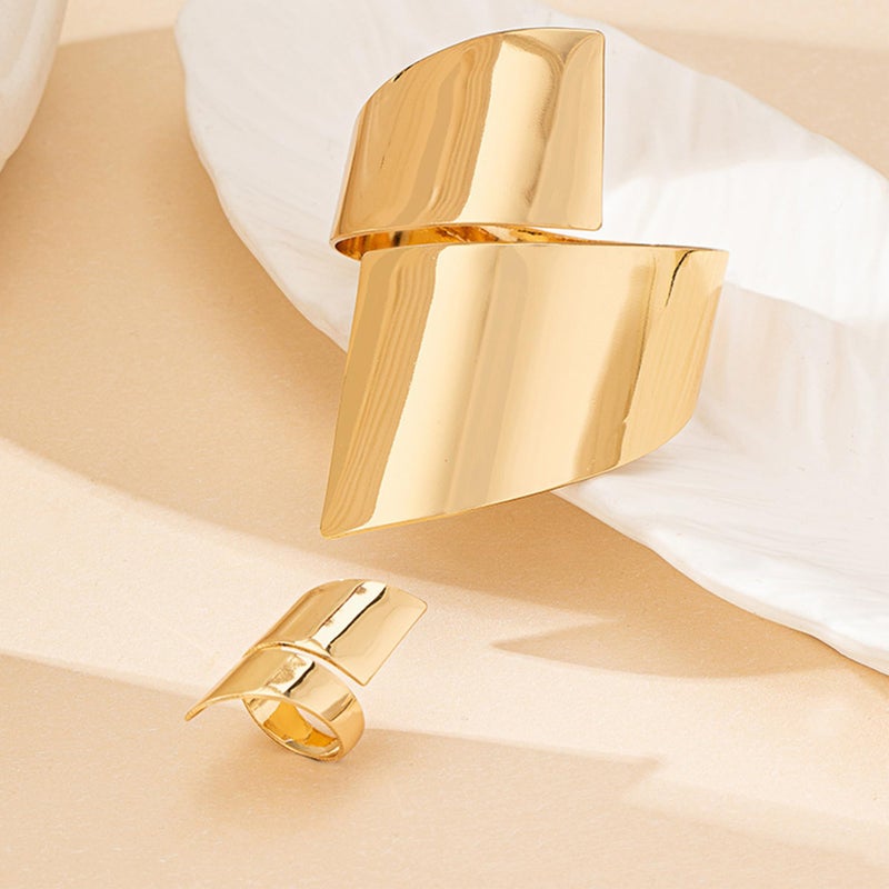 Decixde Bangle Ring Set Chunky Gold Bangle Bracelet And Ring Statement Jewelry Set for Women (Gold-A) - Image 5