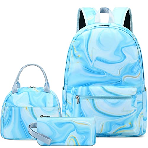 LOIDOU Backpack for Teen Girls Bookbags School Backpack with Lunch Box and Pencil Case 3 in 1 School Bags Set (Marble Blue) - Image 1