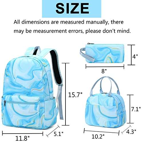 LOIDOU Backpack for Teen Girls Bookbags School Backpack with Lunch Box and Pencil Case 3 in 1 School Bags Set (Marble Blue) - Image 3