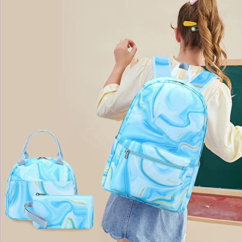 LOIDOU Backpack for Teen Girls Bookbags School Backpack with Lunch Box and Pencil Case 3 in 1 School Bags Set (Marble Blue) - Image 2