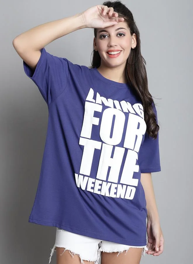 Styli Navy Blue Oversized Slogan Print T-Shirt By Door74