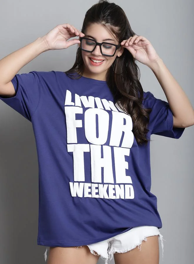Styli Navy Blue Oversized Slogan Print T-Shirt By Door74