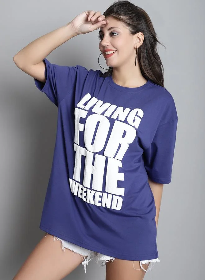 Styli Navy Blue Oversized Slogan Print T-Shirt By Door74