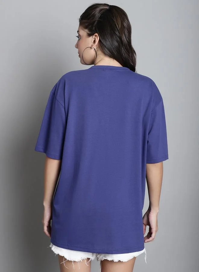 Styli Navy Blue Oversized Slogan Print T-Shirt By Door74
