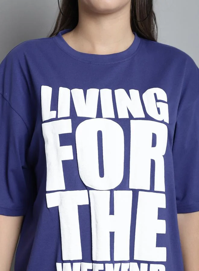 Styli Navy Blue Oversized Slogan Print T-Shirt By Door74