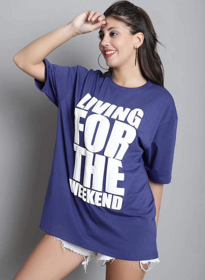 Take Two Navy Blue Oversized Slogan Print T-Shirt - Image 3