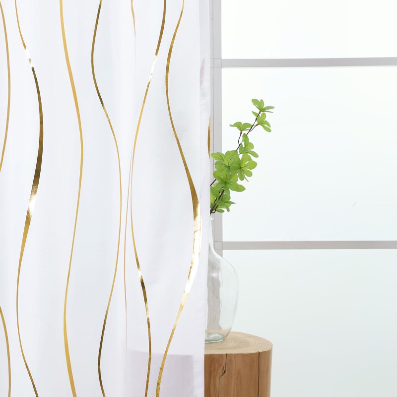 L.Z.E White Privacy Curtains 84 Inches Long 2 Panels Set, Light Filtering Non-See-Through Curtains & Drapes for Living Room Bedroom Nursery, Elegant Gold Wave Pattern Grommet Top Window Treatment - Image 2