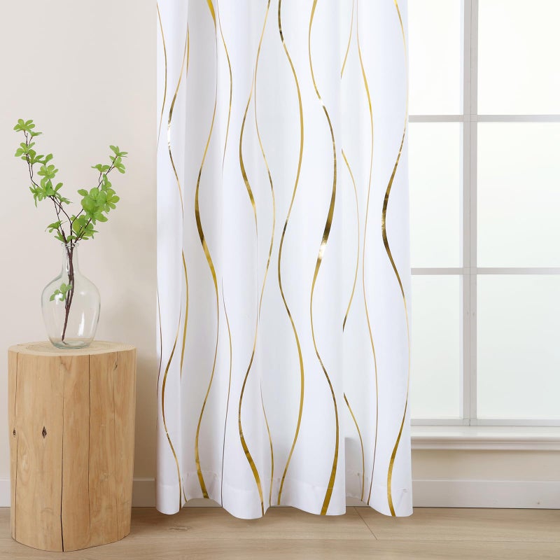 L.Z.E White Privacy Curtains 84 Inches Long 2 Panels Set, Light Filtering Non-See-Through Curtains & Drapes for Living Room Bedroom Nursery, Elegant Gold Wave Pattern Grommet Top Window Treatment - Image 5