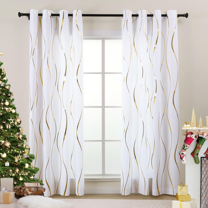 L.Z.E White Privacy Curtains 84 Inches Long 2 Panels Set, Light Filtering Non-See-Through Curtains & Drapes for Living Room Bedroom Nursery, Elegant Gold Wave Pattern Grommet Top Window Treatment - Image 1