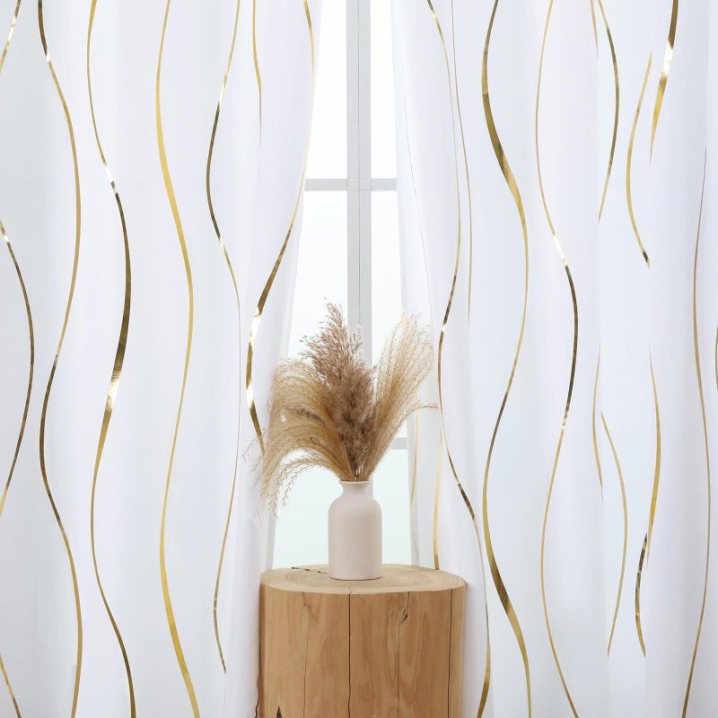 L.Z.E White Privacy Curtains 84 Inches Long 2 Panels Set, Light Filtering Non-See-Through Curtains & Drapes for Living Room Bedroom Nursery, Elegant Gold Wave Pattern Grommet Top Window Treatment - Image 3