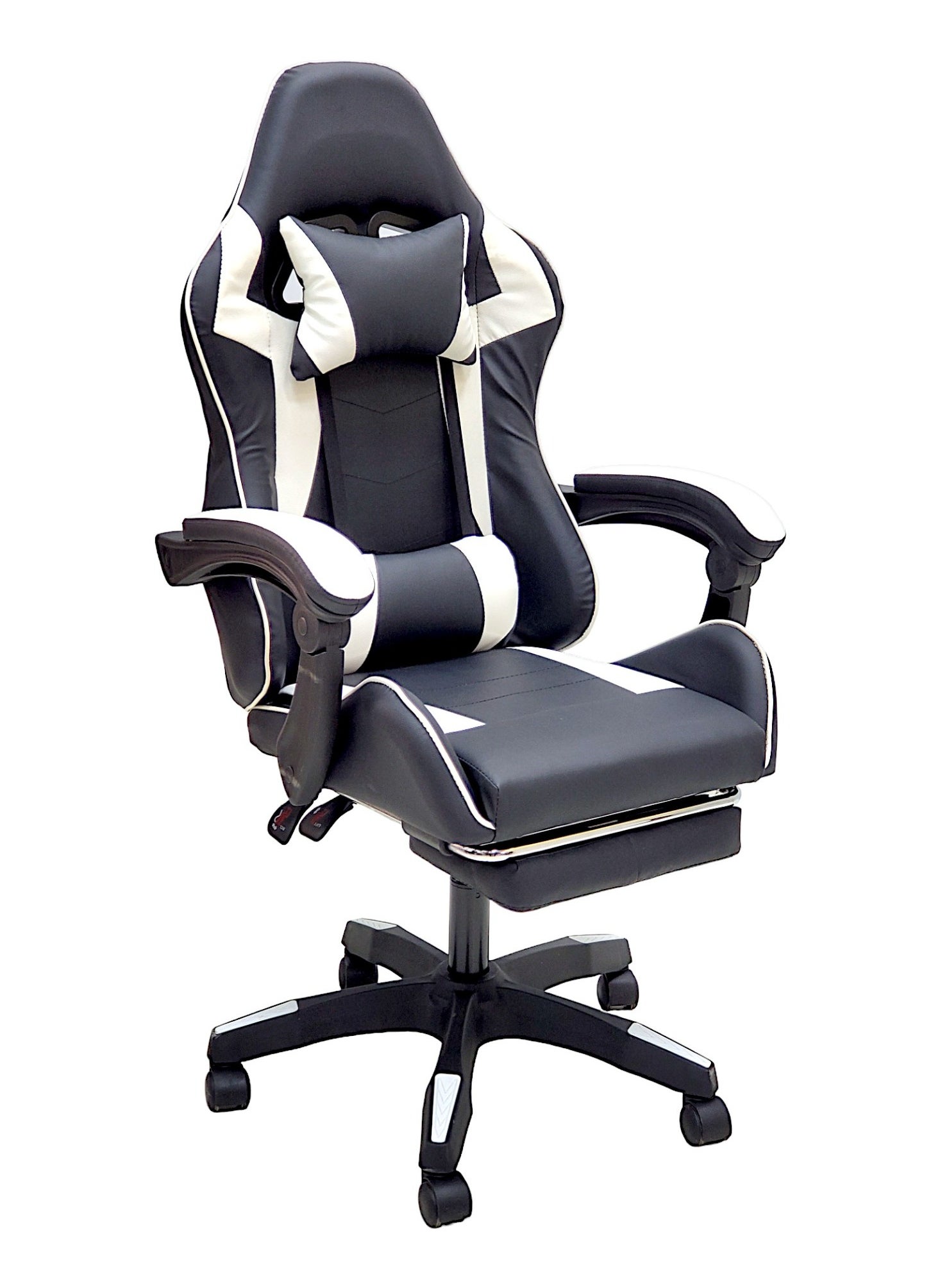 Sabir & Bros Furniture LLC SBF High Back Gaming Chair with Footrest - Premium Leather, Padded Armrests, Adjustable Height, Headrest Cushion & Reclining Backrest, Swivel Office Computer Chair, White Black 