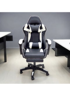 Sabir & Bros Furniture LLC SBF High Back Gaming Chair with Footrest - Premium Leather, Padded Armrests, Adjustable Height, Headrest Cushion & Reclining Backrest, Swivel Office Computer Chair, White Black  - Image 2