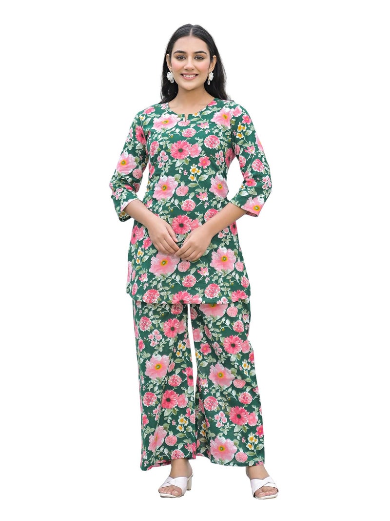 SHIFORY Women's Multicolor Cotton Straight Kurti and Palazzo Co-Ord Set, 3/4 Sleeves, Round Neck-XXL - Image 1