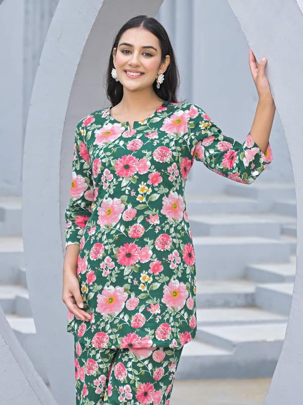 SHIFORY Women's Multicolor Cotton Straight Kurti and Palazzo Co-Ord Set, 3/4 Sleeves, Round Neck-XXL - Image 4