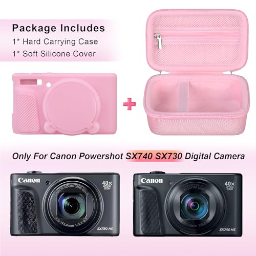 Canboc Case for Canon PowerShot SX740/SX730, Hard Carrying Case + Soft Silicone Protective Cover with Removable Lens Cover, Pink - Image 2