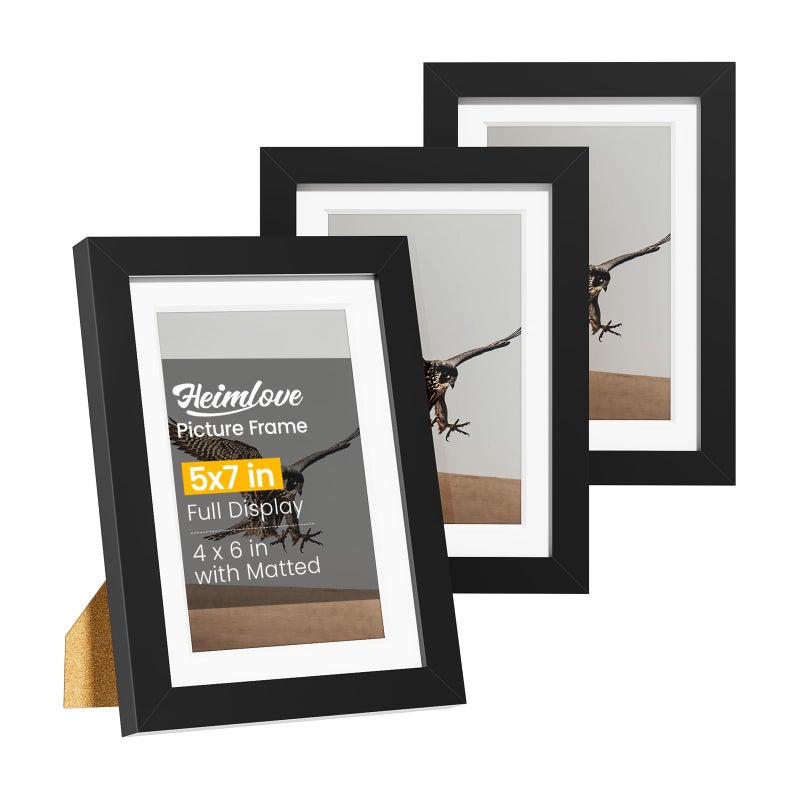 Heimlove 5x7 إطارات الصور مجموعة من 3 مع حصيرة لعرض 4x6 صورة بلاستيكية إطار الصورة السوداء للملصق شهادة دبلوم ووثائق مع طاولة وجدار ديكور - Image 1