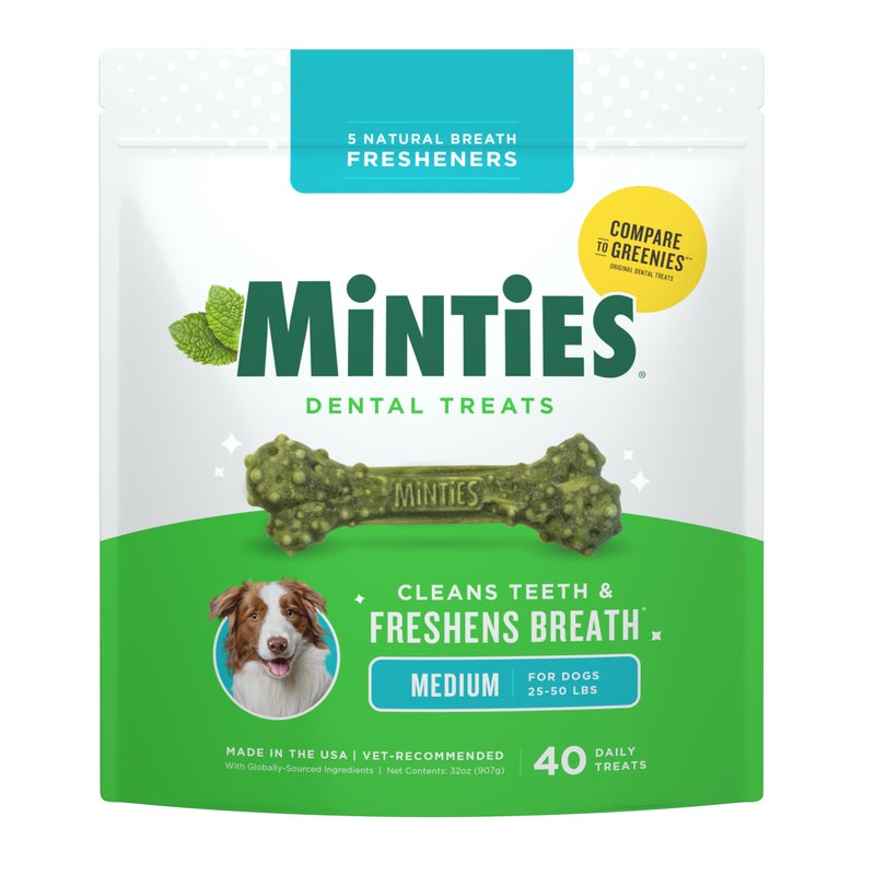 Minties Dental Chews for Dogs, 40 Count, Vet-Recommended Mint-Flavored Dental Dog Treats for Medium Dogs, Bones Clean Teeth, Fight Bad Breath, and Removes Plaque and Tartar - Image 1