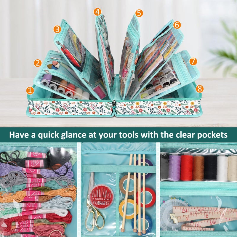 FINPAC Sewing and Craft Supplies Storage Tote, Large Capacity Travel Packing Organizer Bag with Clear Pockets and Handle for Knitting, Crochet, Art, Sewing Accessories (Spring Bloom) - Image 2