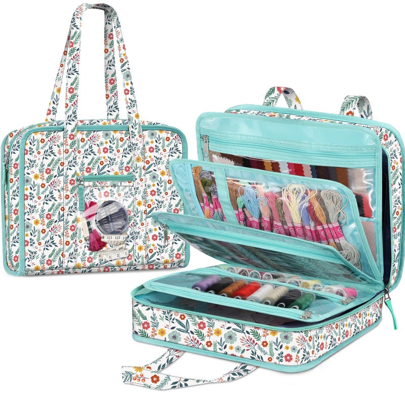 FINPAC Sewing and Craft Supplies Storage Tote, Large Capacity Travel Packing Organizer Bag with Clear Pockets and Handle for Knitting, Crochet, Art, Sewing Accessories (Spring Bloom) - Image 1