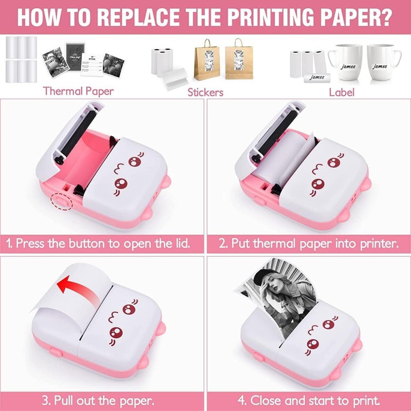 Portable Mini Photo Printer with 6 Rolls of Paper, Wireless Bluetooth Thermal Printer, USB Cable for Sticky Notes Photo Web Document Printing - Image 2