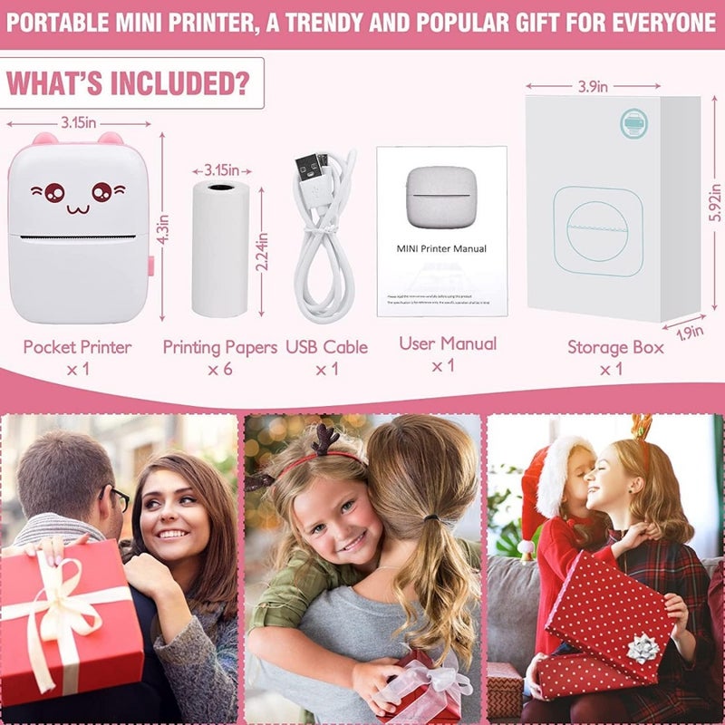 Portable Mini Photo Printer with 6 Rolls of Paper, Wireless Bluetooth Thermal Printer, USB Cable for Sticky Notes Photo Web Document Printing - Image 3