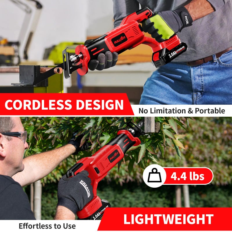 FULLYEA Reciprocating Saw Cordless, Brushless Recipro Saw 0-3500 SPM, Cordless Saws with 2 * 2.0Ah Battery & 4 Blades, Battery Powered Reciprocating Saws for Wood/Metal/Plastic Cutting - Image 3