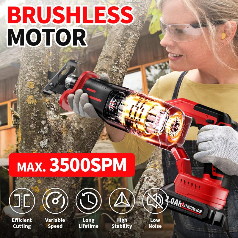 FULLYEA Reciprocating Saw Cordless, Brushless Recipro Saw 0-3500 SPM, Cordless Saws with 2 * 2.0Ah Battery & 4 Blades, Battery Powered Reciprocating Saws for Wood/Metal/Plastic Cutting - Image 4