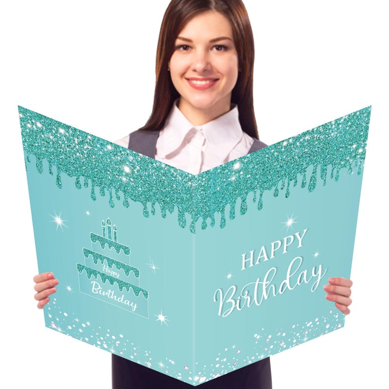 CHUNNIN Jumbo Birthday Guest Book Greeting Cards Teal Silver Large Gifts Card With Envelope Supplies Teal Giant Guest Book Signs for Girl Women Glitter Birthday Party Decorations - Image 1