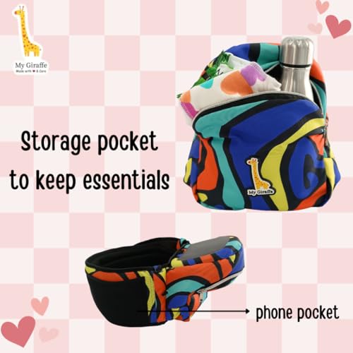 My Giraffe Hippy Hop - Hip Seat Baby Carrier For 5 Months to 3 Years|Diaper Storage & Phone Pocket|Portable Sling Strap|Ergonomic Seat|Up to 20 kg|Travel-Friendly-Mosaic print toddler,Multicolour - Image 4