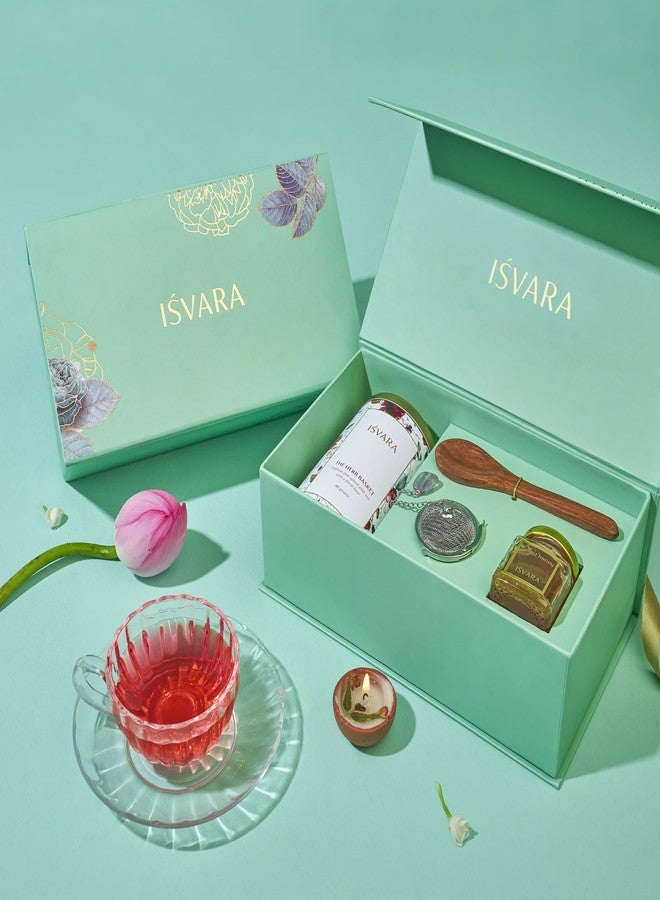 ISVARA Tea Gifts - Tête-à-tea Gift Set, The Herb Basket tea box, Amethyst gem tea filter, forest honey and Sheesham wood spoon - Image 2
