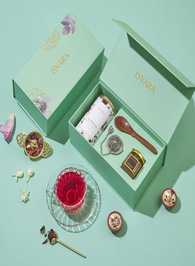 ISVARA Tea Gifts - Tête-à-tea Gift Set, The Herb Basket tea box, Amethyst gem tea filter, forest honey and Sheesham wood spoon - Image 1