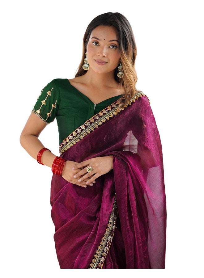 SIRIL ساري شيفون لامع بحدود دانتيل للنساء من سيريلي مع قطعة بلوزة غير مخيطة (4283S3053_نبيذي) - Image 1