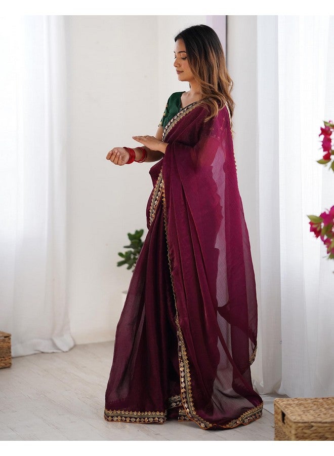 SIRIL ساري شيفون لامع بحدود دانتيل للنساء من سيريلي مع قطعة بلوزة غير مخيطة (4283S3053_نبيذي) - Image 2