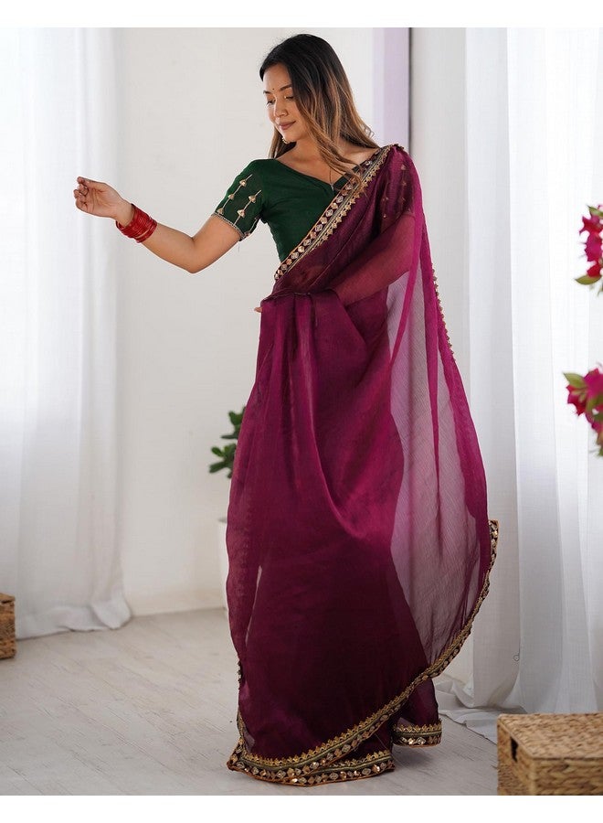 SIRIL ساري شيفون لامع بحدود دانتيل للنساء من سيريلي مع قطعة بلوزة غير مخيطة (4283S3053_نبيذي) - Image 4