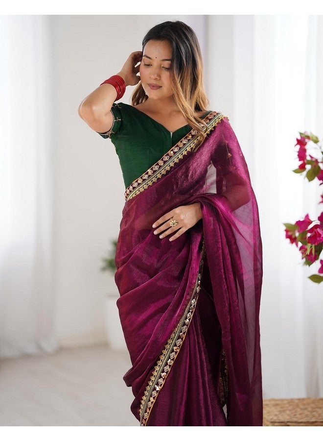 SIRIL ساري شيفون لامع بحدود دانتيل للنساء من سيريلي مع قطعة بلوزة غير مخيطة (4283S3053_نبيذي) - Image 5