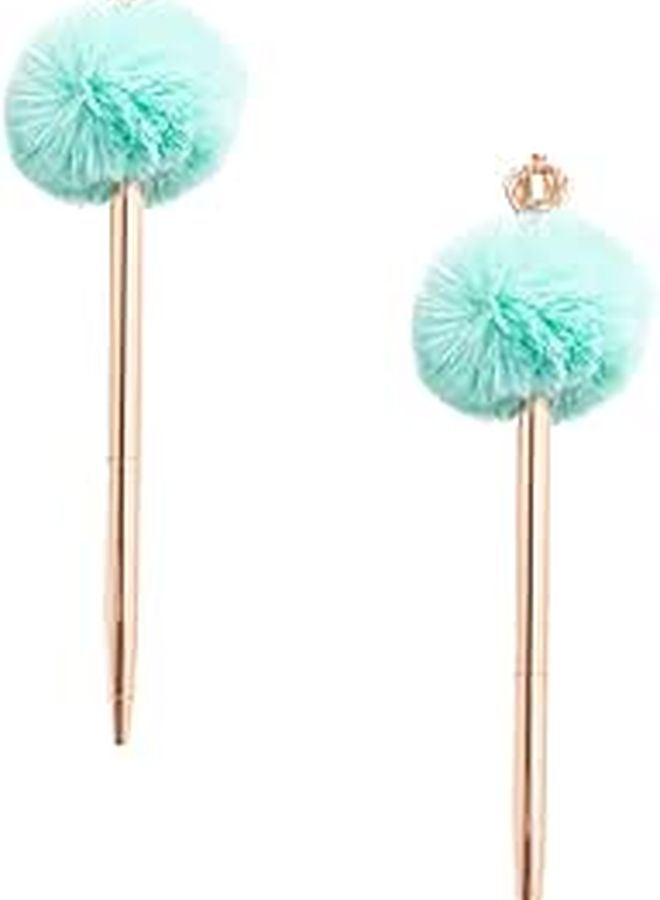 Crown Pompom Ballpoint Pens Metal Barrel Lake Blue Fluffy Writing Pens Office School Stationery Set - Image 1