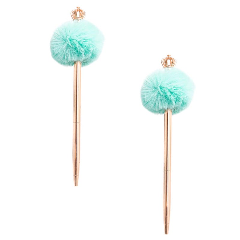 Crown Pompom Ballpoint Pens Metal Barrel Lake Blue Fluffy Writing Pens Office School Stationery Set - Image 2