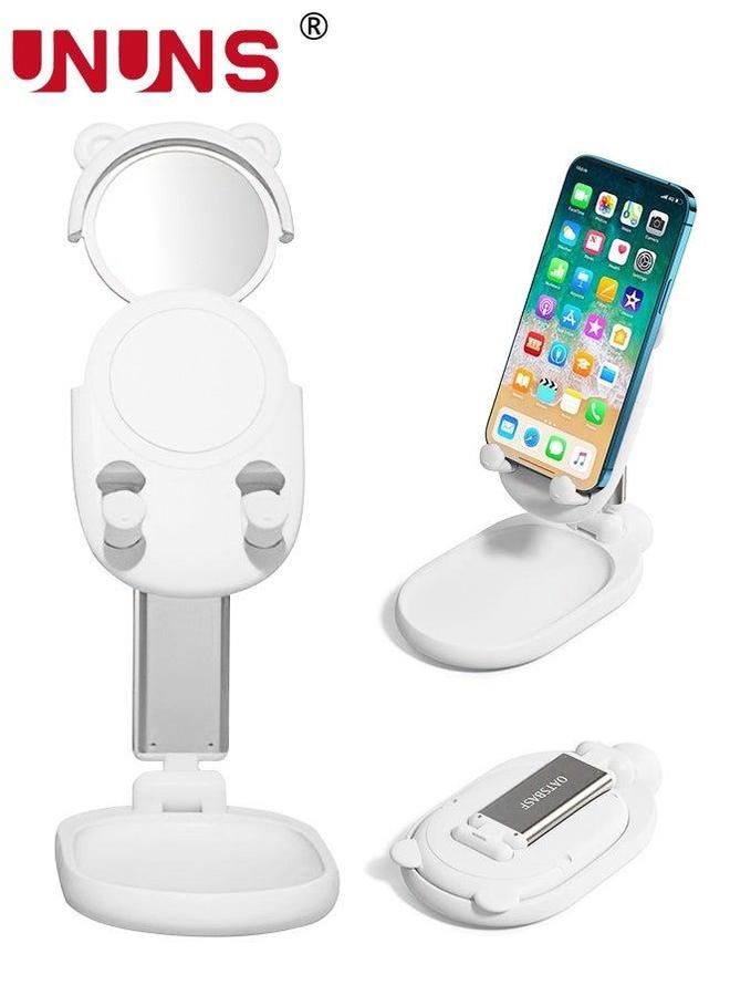 UNUNS Cute Bear Cell Phone Stand with Makeup Mirror,Portable Holder For Desk,Angle Height Adjustable,Foldable Desktop With All Smartphone iPhone iPad Tablet Kindle Switch,White - Image 1
