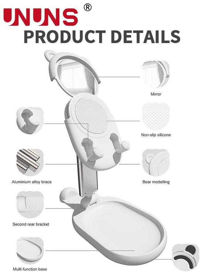 UNUNS Cute Bear Cell Phone Stand with Makeup Mirror,Portable Holder For Desk,Angle Height Adjustable,Foldable Desktop With All Smartphone iPhone iPad Tablet Kindle Switch,White - Image 3