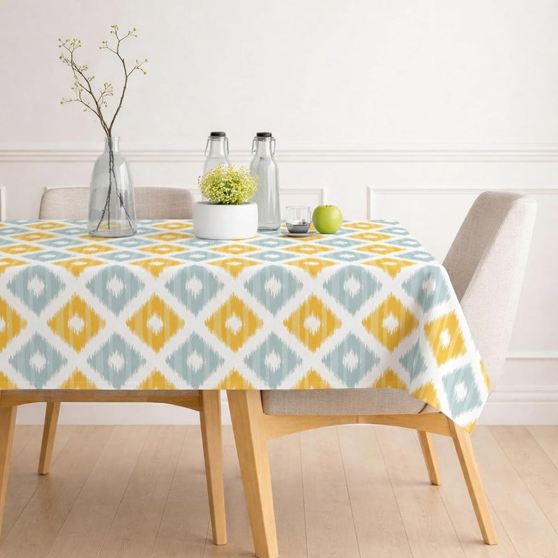 STITCHNEST Ikat Yellow Teal Printed Poly Cotton Table Cover (40x60 Inches) Rectangular - Image 1